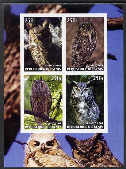 Benin 2004 Owls #2 imperf sheetlet containing 4 values unmounted mint, stamps on , stamps on  stamps on birds, stamps on  stamps on birds of prey, stamps on  stamps on owls, stamps on  stamps on 