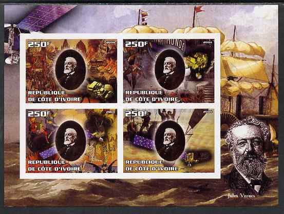 Ivory Coast 2004 Jules Verne imperf sheetlet containing set of 4 values unmounted mint. Note this item is privately produced and is offered purely on its thematic appeal, stamps on personalities, stamps on verne, stamps on literature, stamps on sci-fi, stamps on ships, stamps on paddle steamers, stamps on balloons