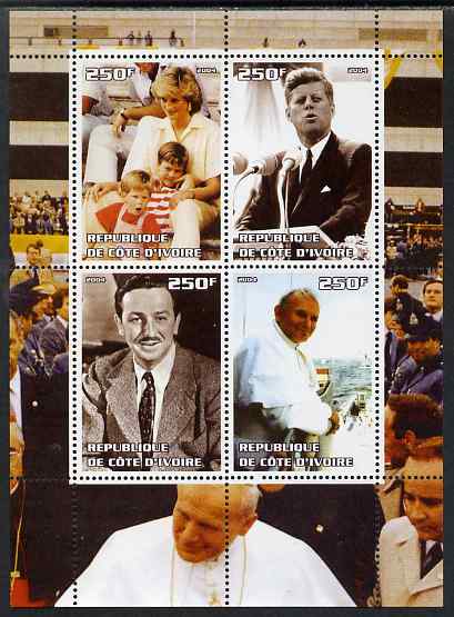 Ivory Coast 2004 Personalities perf sheetlet containing set of 4 values unmounted mint. Note this item is privately produced and is offered purely on its thematic appeal (Diana, JFK, Disney & Pope), stamps on personalities, stamps on diana, stamps on royalty, stamps on kennedy, stamps on disney, stamps on pope, stamps on cinema, stamps on films, stamps on police