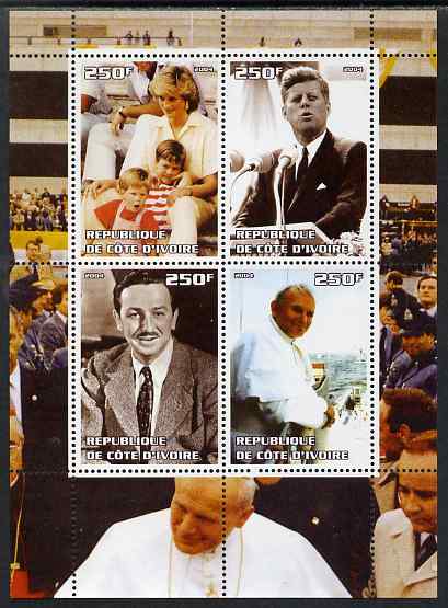 Ivory Coast 2004 Personalities perf sheetlet containing set of 4 values unmounted mint. Note this item is privately produced and is offered purely on its thematic appeal ..., stamps on personalities, stamps on diana, stamps on royalty, stamps on kennedy, stamps on disney, stamps on pope, stamps on cinema, stamps on films, stamps on police