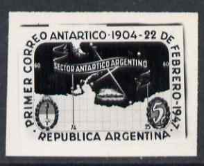 Argentine Republic 1947 43rd Anniversary of Antarctic Mail black and white photographic essay of 5c stamp (stamp size) similar to issued stamp but in horizontal format, stamps on , stamps on  stamps on polar, stamps on  stamps on ships