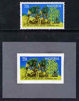 Nigeria 1977 First All-Africa Scout Jamboree imperf stamp-sized machine proof of 25k value mounted on small grey card as submitted for approval, similar to issued stamp but lettering is strengthened, plus issued stamp SG 371, stamps on , stamps on  stamps on scouts