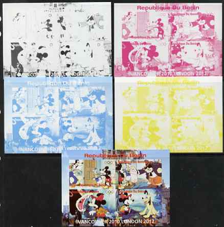Benin 2009 Olympic Games - Disney Characters #01 sheetlet containing 4 values - the set of 5 imperf progressive proofs comprising the 4 individual colours plus all 4-colo..., stamps on olympics, stamps on cartoons, stamps on disney, stamps on films, stamps on cinema, stamps on movies