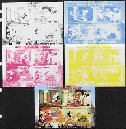 Benin 2009 Olympic Games - Disney Characters #03 sheetlet containing 4 values - the set of 5 imperf progressive proofs comprising the 4 individual colours plus all 4-colour composite, unmounted mint, stamps on olympics, stamps on cartoons, stamps on disney, stamps on films, stamps on cinema, stamps on movies