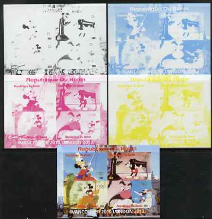 Benin 2009 Olympic Games - Disney Characters #04 sheetlet containing 4 values - the set of 5 imperf progressive proofs comprising the 4 individual colours plus all 4-colour composite, unmounted mint, stamps on olympics, stamps on cartoons, stamps on disney, stamps on films, stamps on cinema, stamps on movies