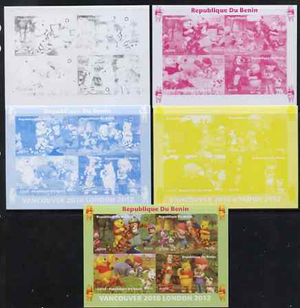 Benin 2009 Olympic Games - Disney's Winnie the Pooh #01 sheetlet containing 4 values - the set of 5 imperf progressive proofs comprising the 4 individual colours plus all 4-colour composite, unmounted mint, stamps on olympics, stamps on pooh, stamps on bears, stamps on cartoons, stamps on fairy tales, stamps on tigers, stamps on disney, stamps on films, stamps on cinema, stamps on movies