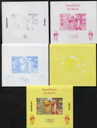 Benin 2009 Olympic Games - Disney's Winnie the Pooh #08 individual deluxe sheet - the set of 5 imperf progressive proofs comprising the 4 individual colours plus all 4-colour composite, unmounted mint, stamps on , stamps on  stamps on olympics, stamps on  stamps on pooh, stamps on  stamps on bears, stamps on  stamps on cartoons, stamps on  stamps on fairy tales, stamps on  stamps on tigers, stamps on  stamps on disney, stamps on  stamps on films, stamps on  stamps on cinema, stamps on  stamps on movies