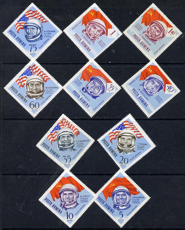 Rumania 1964 Space Navigation diamond & square shaped perf set of 10 unmounted mint, SG 3095-3104, Mi 2238-47*, stamps on space, stamps on personalities, stamps on diamond, stamps on gagarin, stamps on glenn, stamps on 