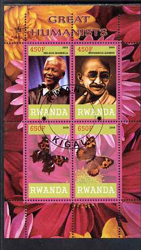 Rwanda 2009 Great Humanist #1 - Mandela & Gandhi plus Butterflies perf sheetlet containing 4 values cto used , stamps on , stamps on  stamps on personalities, stamps on  stamps on mandela, stamps on  stamps on nobel, stamps on  stamps on peace, stamps on  stamps on racism, stamps on  stamps on human rights, stamps on  stamps on gandhi, stamps on  stamps on constitutions, stamps on  stamps on butterflies