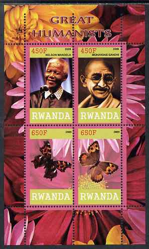 Rwanda 2009 Great Humanist #1 - Mandela & Gandhi plus Butterflies perf sheetlet containing 4 values unmounted mint , stamps on personalities, stamps on mandela, stamps on nobel, stamps on peace, stamps on racism, stamps on human rights, stamps on gandhi, stamps on constitutions, stamps on butterflies