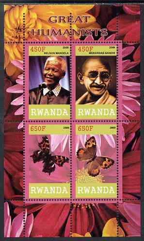 Rwanda 2009 Great Humanist #1 - Mandela & Gandhi plus Butterflies perf sheetlet containing 4 values unmounted mint , stamps on , stamps on  stamps on personalities, stamps on  stamps on mandela, stamps on  stamps on nobel, stamps on  stamps on peace, stamps on  stamps on racism, stamps on  stamps on human rights, stamps on  stamps on gandhi, stamps on  stamps on constitutions, stamps on  stamps on butterflies