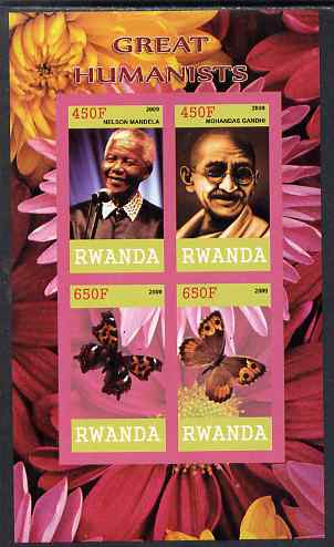 Rwanda 2009 Great Humanist #1 - Mandela & Gandhi plus Butterflies imperf sheetlet containing 4 values unmounted mint , stamps on personalities, stamps on mandela, stamps on nobel, stamps on peace, stamps on racism, stamps on human rights, stamps on gandhi, stamps on constitutions, stamps on butterflies