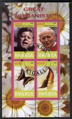 Rwanda 2009 Great Humanist #2 - Kennedy & Pope John Paul plus Butterflies perf sheetlet containing 4 values cto used , stamps on , stamps on  stamps on personalities, stamps on  stamps on kennedy, stamps on  stamps on pope, stamps on  stamps on religion, stamps on  stamps on popes, stamps on  stamps on usa presidents, stamps on  stamps on americana, stamps on  stamps on butterflies