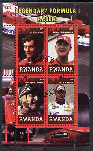 Rwanda 2009 Legendary Formula 1 Drivers perf sheetlet containing 4 values cto used (Senna, Schumacher, Fangio & Piquet), stamps on sport, stamps on formula 1, stamps on  f1 , stamps on cars, stamps on senna, stamps on schumacher, stamps on fangio, stamps on piquet
