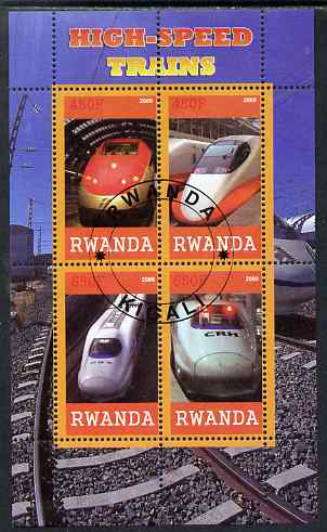 Rwanda 2009 High Speed Trains #1 perf sheetlet containing 4 values cto used, stamps on , stamps on  stamps on railways