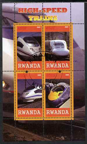 Rwanda 2009 High Speed Trains #2 perf sheetlet containing 4 values cto used, stamps on , stamps on  stamps on railways