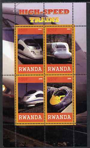 Rwanda 2009 High Speed Trains #2 perf sheetlet containing 4 values unmounted mint , stamps on , stamps on  stamps on railways