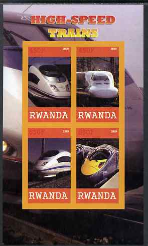 Rwanda 2009 High Speed Trains #2 imperf sheetlet containing 4 values unmounted mint , stamps on railways