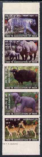 Cinderella - India 1989 se-tenant strip of 5 x 50p TB labels each showing animals, unmounted mint, stamps on , stamps on  stamps on diseases, stamps on  stamps on  tb , stamps on  stamps on animals, stamps on  stamps on tigers, stamps on  stamps on rhinos, stamps on  stamps on elephants