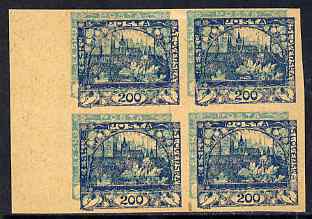 Czechoslovakia 1918 Hradcany 200h imperf proof block of 4 in blue doubly printed with 20h in turquoise, on ungummed buff paper, as SG 7 & 13, stamps on , stamps on  stamps on tourism