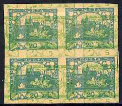 Czechoslovakia 1918 Hradcany 20h imperf proof block of 4 in turquoise doubly printed with 5h in green, on ungummed buff paper, as SG 5 & 7, stamps on , stamps on  stamps on tourism