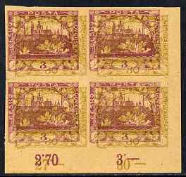 Czechoslovakia 1918 Hradcany 3h imperf proof block of 4 in purple doubly printed with 30h in olive, on ungummed buff paper, as SG 4 & 9, stamps on tourism