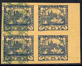 Czechoslovakia 1918 Hradcany 25h imperf proof block of 4 in blue doubly printed with Windhover 2h in green, on ungummed buff paper, as SG 8 & N24, stamps on , stamps on  stamps on tourism, stamps on  stamps on birds