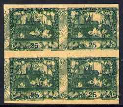 Czechoslovakia 1918 Hradcany 25h imperf proof block of 4 in blue doubly printed with Windhover 2h inverted in green, on ungummed buff paper, as SG 8 & N24, stamps on , stamps on  stamps on tourism, stamps on  stamps on birds