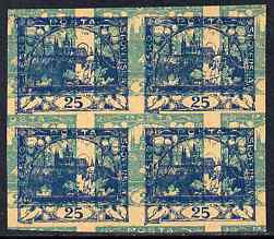 Czechoslovakia 1918 Hradcany 25h imperf proof block of 4 in blue doubly printed with 20h in turquoiae, on ungummed buff paper, as SG 7 & 8, stamps on , stamps on  stamps on tourism, stamps on  stamps on birds