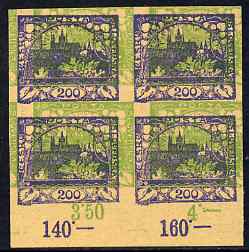 Czechoslovakia 1918 Hradcany 200h imperf proof block of 4 in blue doubly printed with 5h in green, on ungummed buff paper, as SG 5 & 13, stamps on tourism