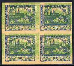 Czechoslovakia 1918 Hradcany 25h imperf proof block of 4 in blue doubly printed with 5h in green, on ungummed buff paper, as SG 5 & 17, stamps on , stamps on  stamps on tourism