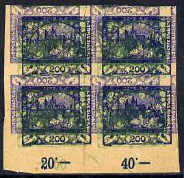 Czechoslovakia 1918 Hradcany 200h imperf proof block of 4 in blue doubly printed, one inverted plus additional impression of 5h in green, on ungummed buff paper, as SG 5 & 13, stamps on , stamps on  stamps on tourism