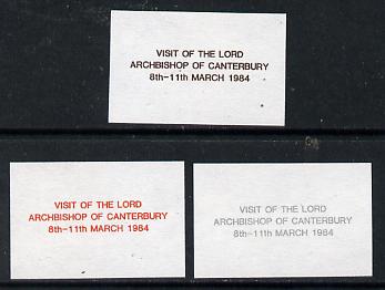 Belize 1984 overprint proofs  for 'Visit of Lord Archbishop of Canterbury' in red, brown and silver, as used for SG 782-3 unmounted mint (3 proofs)*, stamps on religion