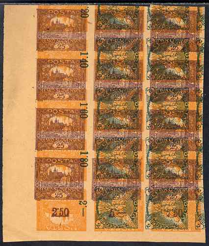 Czechoslovakia 1919 Hradcany 25h imperf proof block of 12 in purple trebly printed with 60h in orange and Windhover 2h in green sideways, on ungummed buff paper, as SG N24, 28 & 31, stamps on , stamps on  stamps on tourism, stamps on  stamps on birds