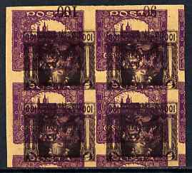 Czechoslovakia 1919 Hradcany 1000h imperf proof block of 4 in purple doubly printed with 100h in purple-brown, on ungummed buff paper, as SG 37 & 65, stamps on tourism, stamps on 