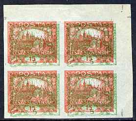 Czechoslovakia 1919 Hradcany 15h imperf proof block of 4 in red doubly printed with 5h in green, on ungummed blue paper, as SG 5 & 26, stamps on tourism