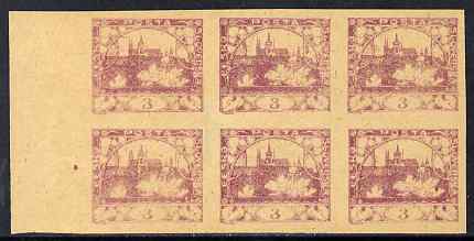 Czechoslovakia 1918 Hradcany 3h imperf proof block of 6 in purple on ungummed buff paper, as SG 4 , stamps on , stamps on  stamps on tourism