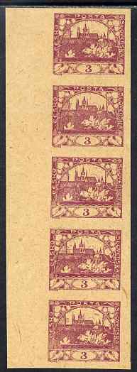 Czechoslovakia 1918 Hradcany 3h imperf proof strip of 5 in purple on ungummed buff paper, as SG 4 , stamps on , stamps on  stamps on tourism