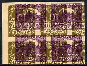 Czechoslovakia 1919 Hradcany 1000h imperf proof block of 4 in purple doubly printed with 10h postage due inverted, on ungummed buff paper, as SG D25 & 37, stamps on , stamps on  stamps on tourism, stamps on  stamps on 