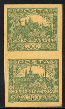 Czechoslovakia 1919 Hradcany 30h imperf proof pair in green on ungummed buff paper, as SG 35, stamps on tourism, stamps on birds