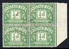 Great Britain 1937 Postage Due 1/2d emerald wmk GviR marginal block of 4 with reinforced perfs but superb used, SH D27, stamps on postage dues