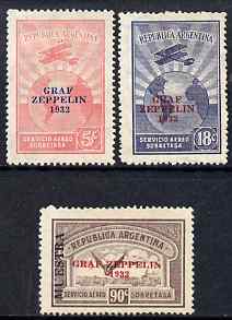 Argentine Republic 1932 Draf Zeppelin overprint set of 3 (90c without gum overprinted MUESTRA, others mounted mint) SG 629-31, stamps on , stamps on  stamps on aviation, stamps on  stamps on zeppelins, stamps on  stamps on airships