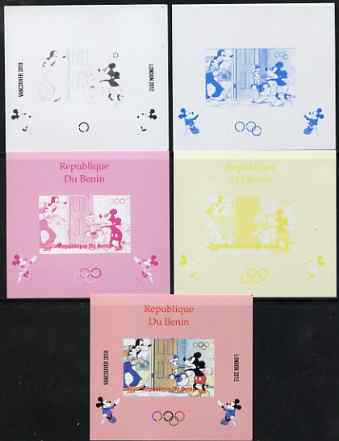 Benin 2009 Olympic Games - Disney Characters #01 individual deluxe sheet - the set of 5 imperf progressive proofs comprising the 4 individual colours plus all 4-colour composite, unmounted mint