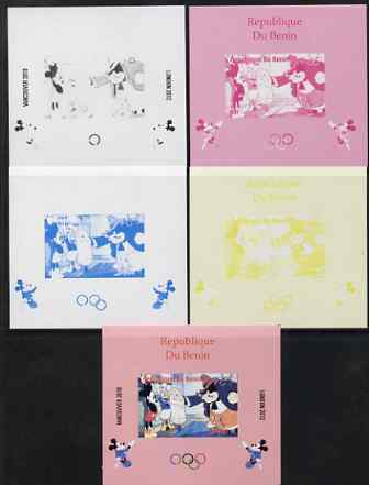 Benin 2009 Olympic Games - Disney Characters #02 individual deluxe sheet - the set of 5 imperf progressive proofs comprising the 4 individual colours plus all 4-colour co..., stamps on olympics, stamps on cartoons , stamps on disney, stamps on films, stamps on cinema, stamps on movies