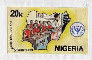 Nigeria 1990 Literacy Year - original hand-painted artwork for 20k value (Teacher at blackboard with two students within Map) by unknown artist on card 8.5x5 endorsed A6, stamps on , stamps on  stamps on education    literature    maps