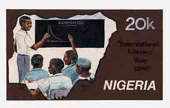 Nigeria 1990 Literacy Year - original hand-painted artwork for 20k value (Teacher at blackboard with two students within Map) by unknown artist xon card 8.5x5 endorsed A2, stamps on education    literature    maps