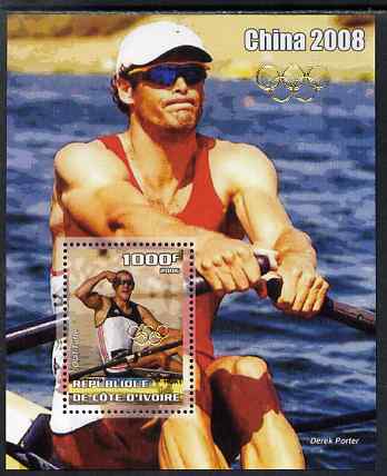 Ivory Coast 2006 Beijing Olympics - Rowing Olaf Tufte #1 perf s/sheet overprinted with Olympic Rings in gold on stamp and in border, unmounted mint. Note this item is privately produced and is offered purely on its thematic appeal, stamps on , stamps on  stamps on olympics, stamps on  stamps on rowing