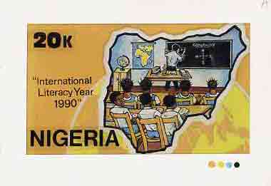 Nigeria 1990 Literacy Year - original hand-painted artwork for 20k value (Teacher at blackboard with two students within Map) probably by Godrick N Osuji on card 8.5x5 endorsed A1, stamps on , stamps on  stamps on education    literature    maps