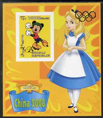 Somalia 2007 Disney - China 2008 Stamp Exhibition #09 imperf m/sheet featuring Micky Mouse & Alice in Wonderland overprinted with Olympic rings in gold foil on stamp and in margin, unmounted mint. Note this item is privately produced and is offered purely on its thematic appeal, stamps on , stamps on  stamps on disney, stamps on  stamps on films, stamps on  stamps on cinema, stamps on  stamps on movies, stamps on  stamps on cartoons, stamps on  stamps on stamp exhibitions, stamps on  stamps on roller skating, stamps on  stamps on olympics