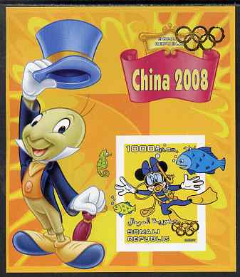 Somalia 2007 Disney - China 2008 Stamp Exhibition #01 imperf m/sheet featuring Minnie Mouse & Jiminy Cricket overprinted with Olympic rings in gold foil on stamp and in m..., stamps on disney, stamps on films, stamps on cinema, stamps on movies, stamps on cartoons, stamps on stamp exhibitions, stamps on scuba, stamps on olympics